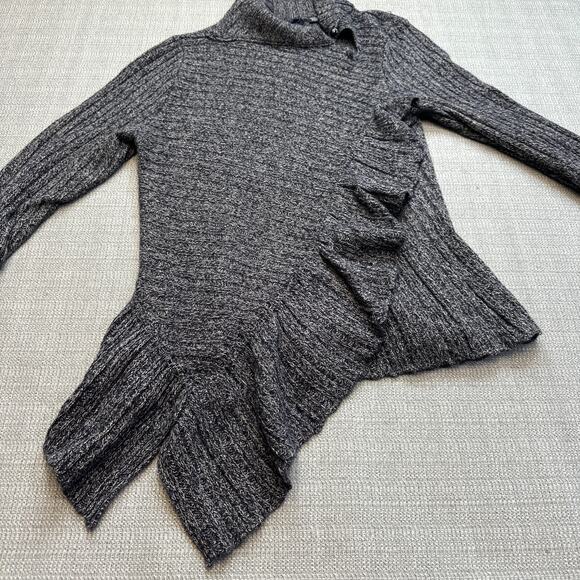 Whimsical Knitted & Knotted Gray Ruffle Wool Blend Sweater XS Asymmetrical‎ Hem - Picture 4 of 9